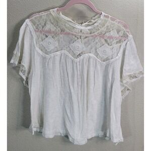 Free People White Lace‎ Yoke Gauze Blouse Size M Boho Prairie Cottagecore
